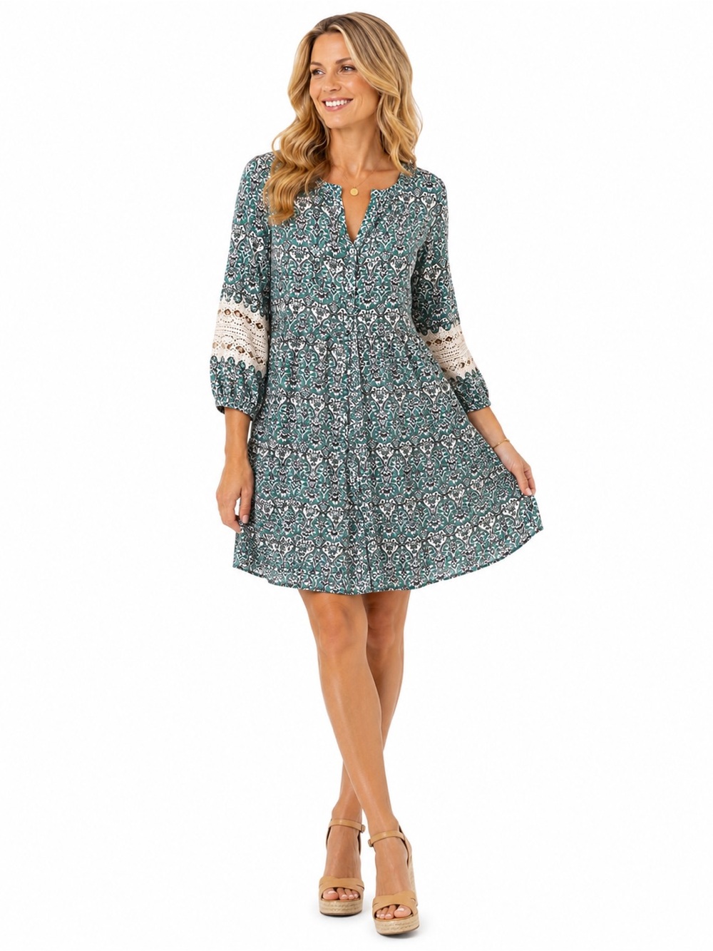 entro Green Patterned Mini Dress with Lace Sleeve Panels